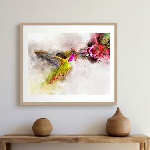Impression Photo Colibri volant avec fleur Aquarelle - 04