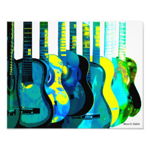 Impression Photo Copie abstraite d'art de guitares de vert bleu et