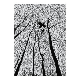 Impression Photo Corbeaux en Silhouette dans les Arbres d'Hiver
