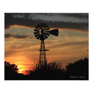 Impression Photo Coucher de soleil de moulin à vent du Kansas, nuag