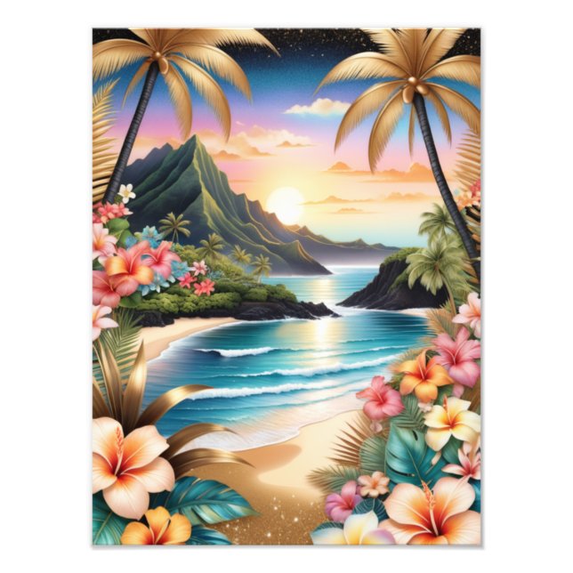 Impression Photo Coucher de soleil de plage avec palmiers et fleurs (Devant)