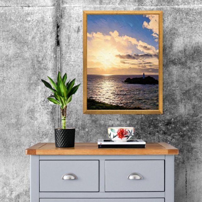 Impression Photo Coucher de soleil spectaculaire sur le phare de Go (Your home deserves this view! Iconic Godrevy Lighthouse print. )