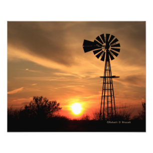 Impression Photo Coucher du soleil sur le moulin à vent du Kansas,