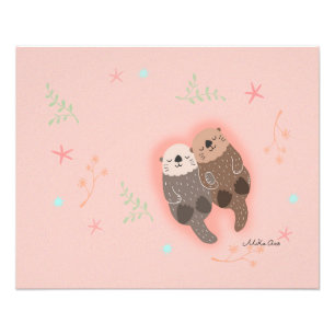 Impression Photo Couple d'Otter tenant coeur rose pêche couple heur