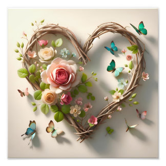 Impression Photo Couronne de cœur fleuri avec papillons Romantique