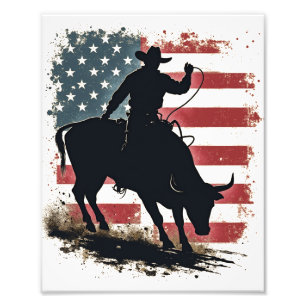 Impression Photo Cowboy Bull Rider Patriotique American Flag Cowboy