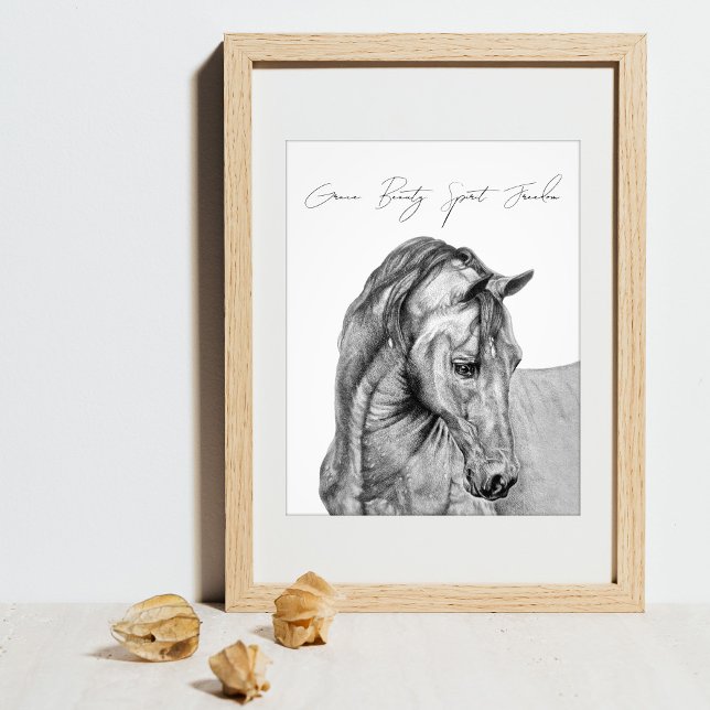 Impression Photo Crayon graphique de l'art du cheval dessin noir et (Original horse pencil drawing, graphit pencil horse art print with personalized quote.)