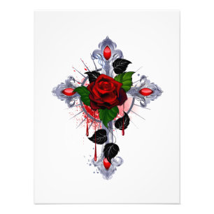 Impression Photo Croix d'argent avec une rose rouge