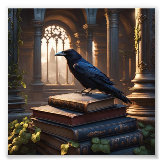 Impression Photo Crow assis sur des livres anciens dans une église (Devant)