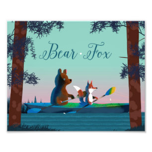 Impression Photo Cute Bear et Fox kayak sur une rivière forestière 