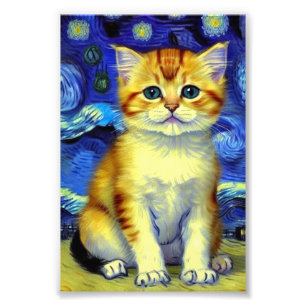 Impression Photo Cute Kitten Starry Night Van Gogh