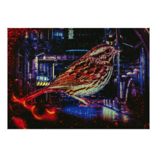 Impression Photo Cyberpunk Sparrow dans Neon Cityscape