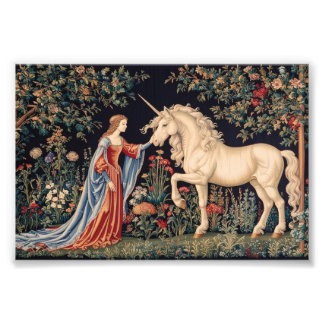 Impression Photo Dame à la licorne sur fond de millefleurs