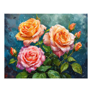 Impression Photo De belles roses épanouies avec des gouttelettes d'