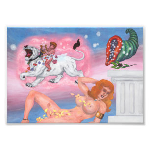Impression Photo déesse rêveuse et eros chevauchant lionne