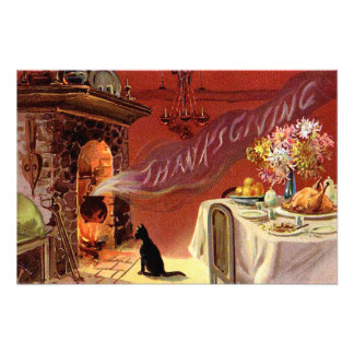 Impression Photo Dîner de Thanksgiving Chat Noir Cheminée Dinde