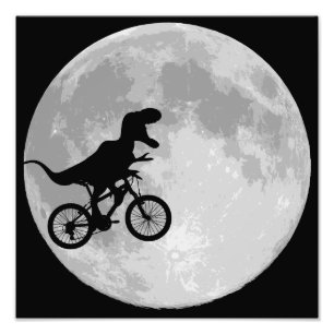 Impression Photo Dinosaure sur un vélo dans le ciel avec la lune