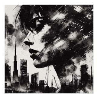 Impression Photo Double exposition Girl et City Skyline, noir et W