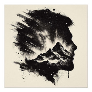 Impression Photo Double profil d'homme à exposition avec Landscap d