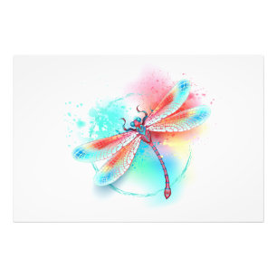 Impression Photo Dragonfly rouge sur l'arrière - plan aquarelle