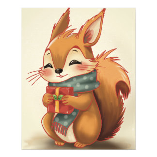 Impression Photo Écureuil Cozy avec un Cadeau – Bois Fantaisiste d'