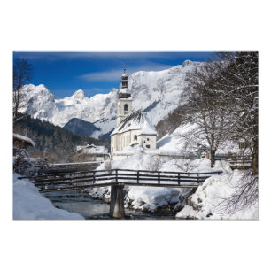 Impression Photo Eglise dans la neige avec les Alpes