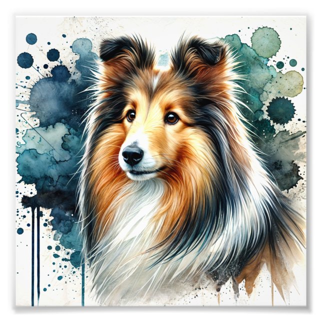 Impression Photo Elégant Shetland Sheepdog Watercolor Art (Devant)