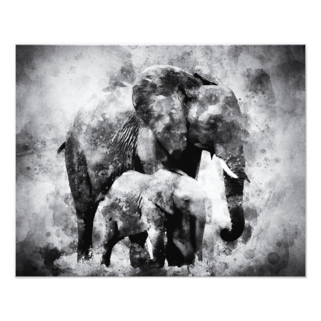 Impression Photo Eléphant africain avec veau noir et blanc (Devant)
