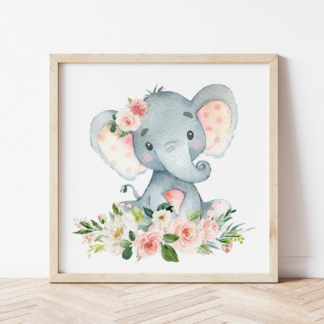 Impression Photo Elephant, Safari, Fleurs roses, Pépinière (Créateur téléchargé)
