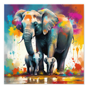 Impression Photo Eléphants De La Mère Et Du Bébé Couleur Splash,