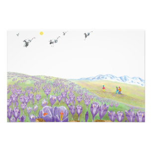 Impression Photo Enfants sur Purple Crocus Flowers Hill