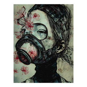 Impression Photo Femme dans un masque à gaz avec fleurs