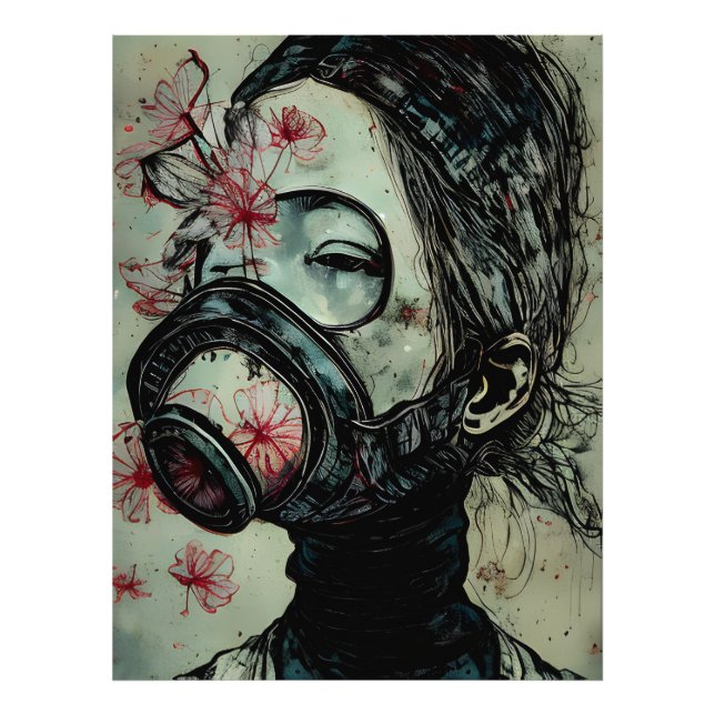 Impression Photo Femme dans un masque à gaz avec fleurs (Devant)