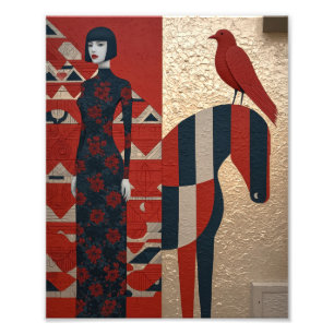 Impression Photo Femme en robe fleurie, à damiers cheval & redbird