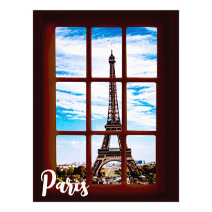 Impression Photo Fenêtre en bois avec vue sur la Tour Eiffel, Paris
