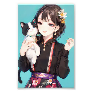 Impression Photo Fille Anime avec Art Floral de Chat Smoking