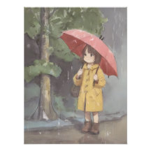 Fille au parapluie rouge dans une forêt pluvieuse