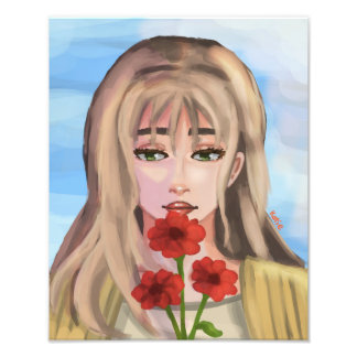 Impression Photo Fille aux fleurs rouges Art numérique dessiné à la