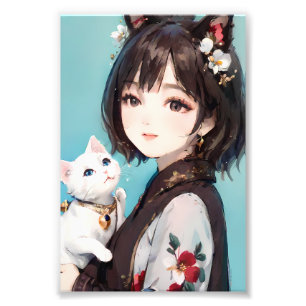 Impression Photo Fille aux Oreilles de Chat Tenant un Chat Mignon F