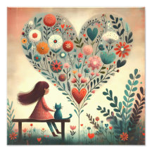 Fille Fantaisiste et Chat à Côté d'un Cœur Floral