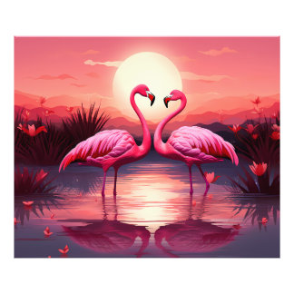 Impression Photo Flamants roses roses au coucher du soleil