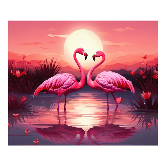Impression Photo Flamants roses roses au coucher du soleil (Devant)