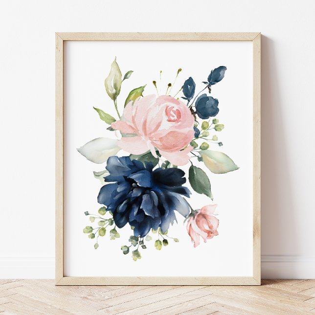 Impression Photo Fleurs d'aquarelle bleu marine et bleu, infirmière (Créateur téléchargé)