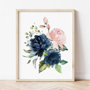 Impression Photo Fleurs d'aquarelle bleu marine et bleu, infirmière