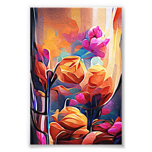 Impression Photo Floral Abstract Art Orange Red Blue Flowers (Devant)
