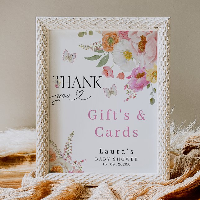 Impression Photo Floral Pink Gifts and Cards Baby Shower Sign (Floral baby In Bloom Baby Shower Sign, Gifts and Cards Floral Baby Shower Sign, Flowers Butterflies)
