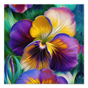 Impression Photo Floral violet et or pansé bleu feuille vert