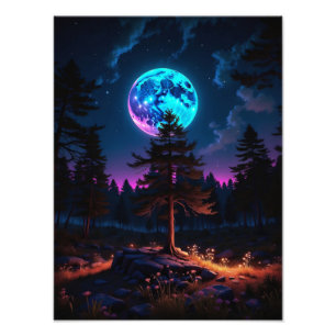 Impression Photo Forêt lunaire - Paysage nocturne cosmique paisible