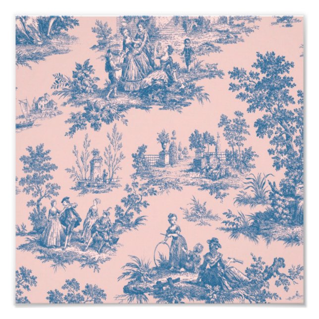 Impression Photo French toile de jouy bleu et rose élégant (Devant)