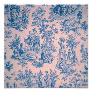 Impression Photo French toile de jouy bleu et rose élégant